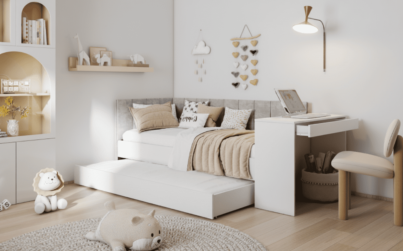 ArtBed Detská posteľ FREYA s prístelkou a so stolíkom | biela 80 x 180 cm