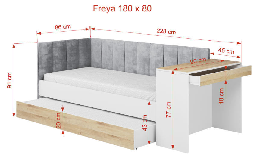 ArtBed Detská posteľ FREYA s prístelkou a so stolíkom | biela 80 x 180 cm