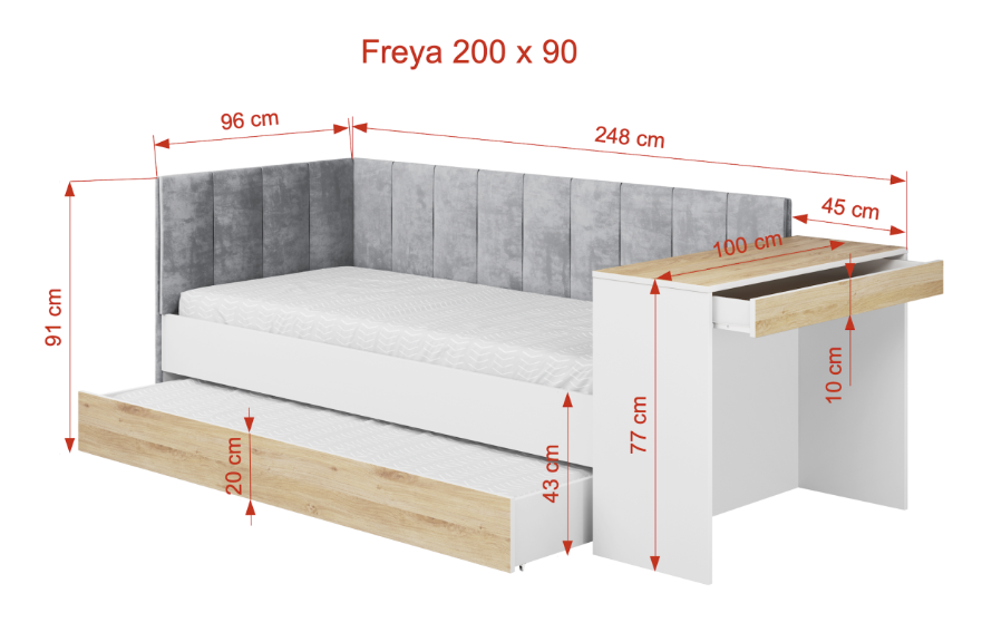 ArtBed Detská posteľ FREYA s prístelkou a so stolíkom | biela 90 x 200 cm