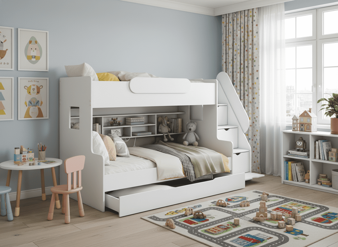 ArtBed Detská poschodová posteľ SEGAN s roštom a úložným priestorom | biela 120 x 200 cm