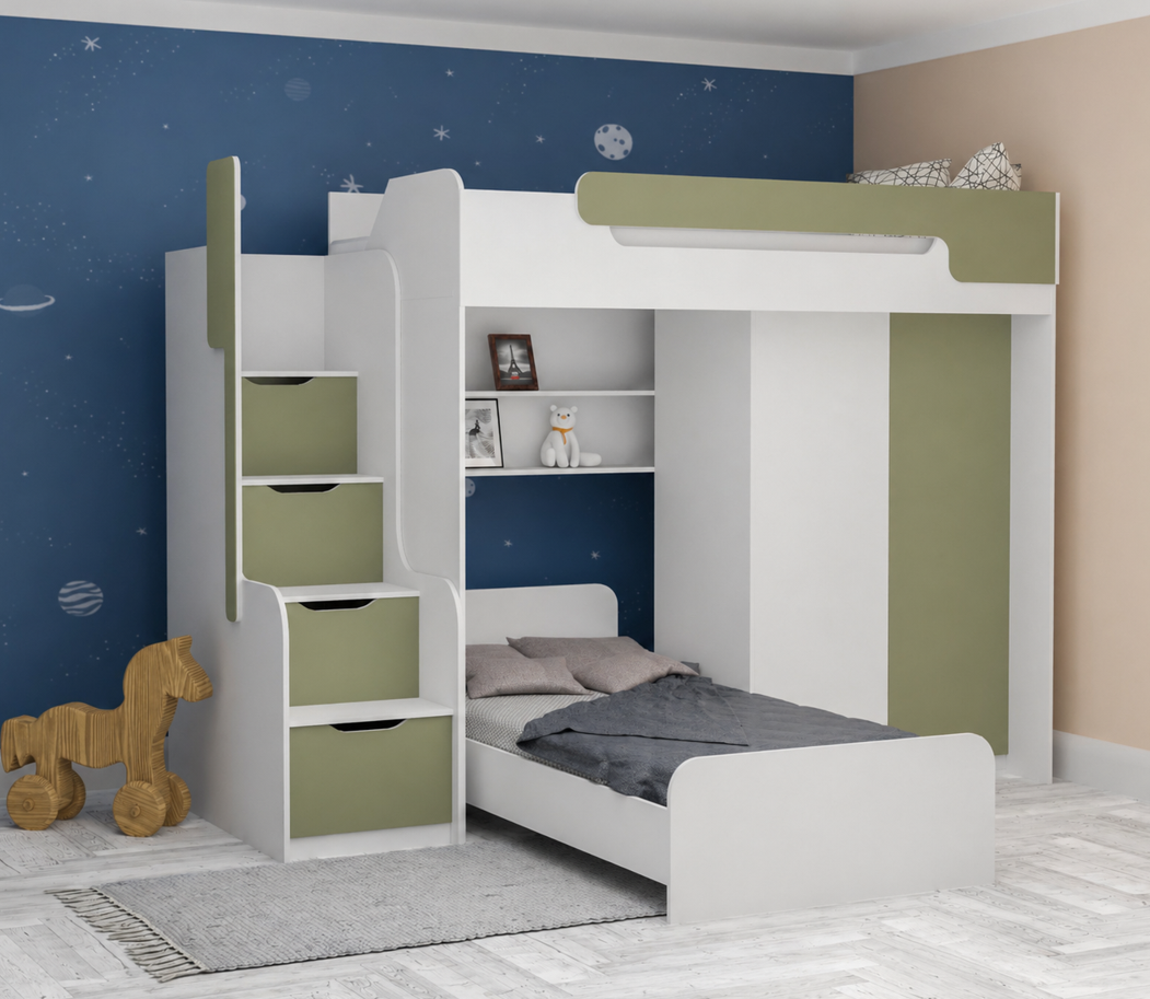 ArtBed Multifunkčná poschodová posteľ so skriňou DORIAN II Farba: Biela / eukalyptus
