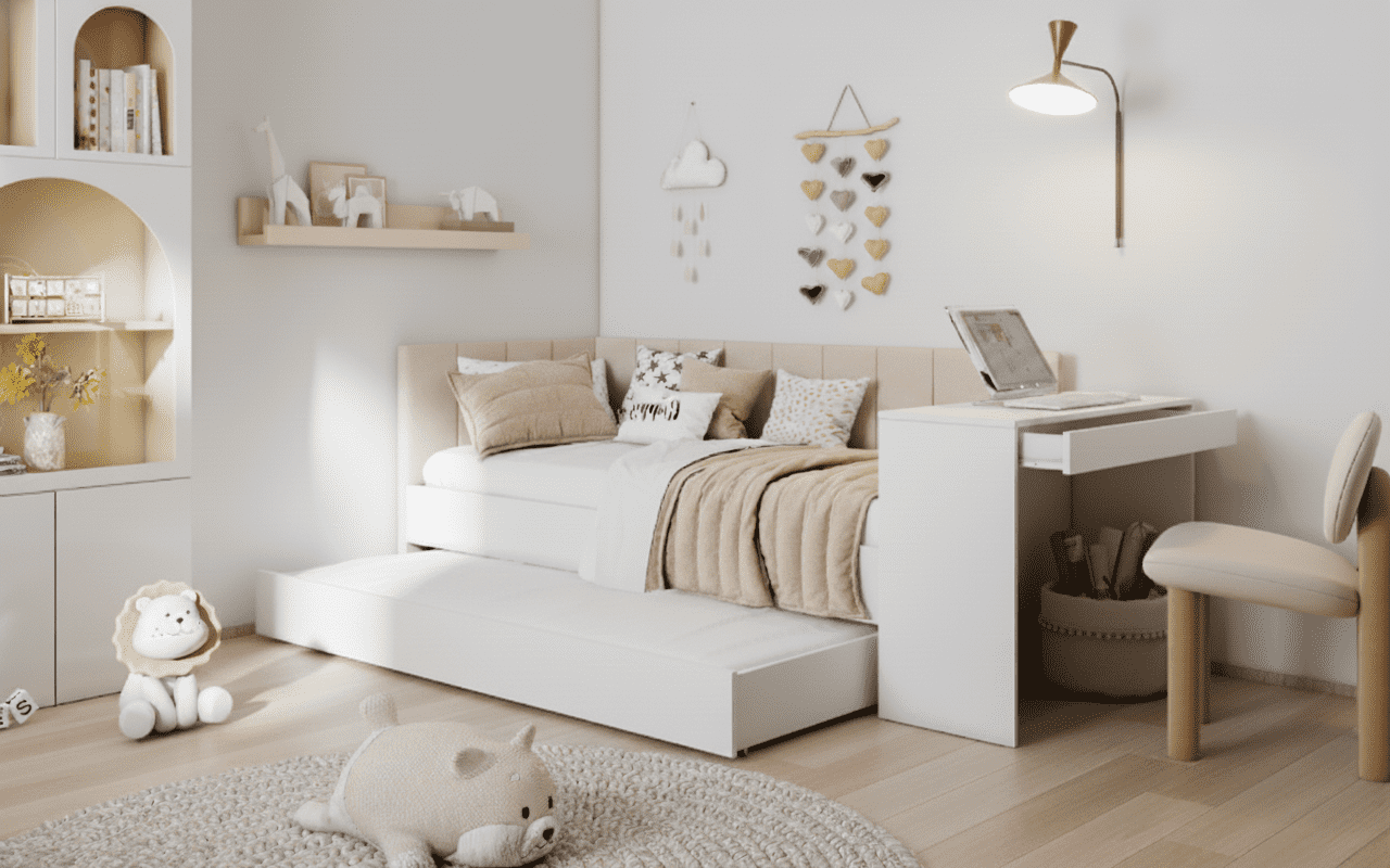 ArtBed Detská posteľ FREYA s prístelkou a so stolíkom | biela / béžová (Panana 706) 80 x 180 cm