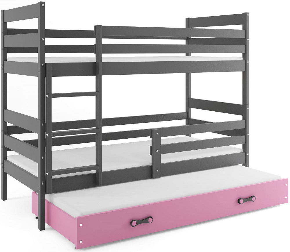 E-shop BMS Detská poschodová posteľ ERYK 3 s prístelkou | sivá Farba: Sivá / ružová, Rozmer.: 200 x 90 cm