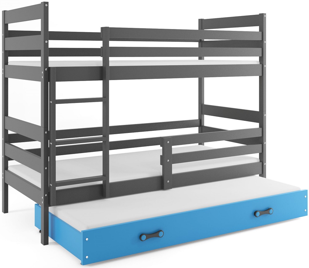 E-shop BMS Detská poschodová posteľ ERYK 3 s prístelkou | sivá Farba: Sivá / Modrá, Rozmer.: 200 x 90 cm