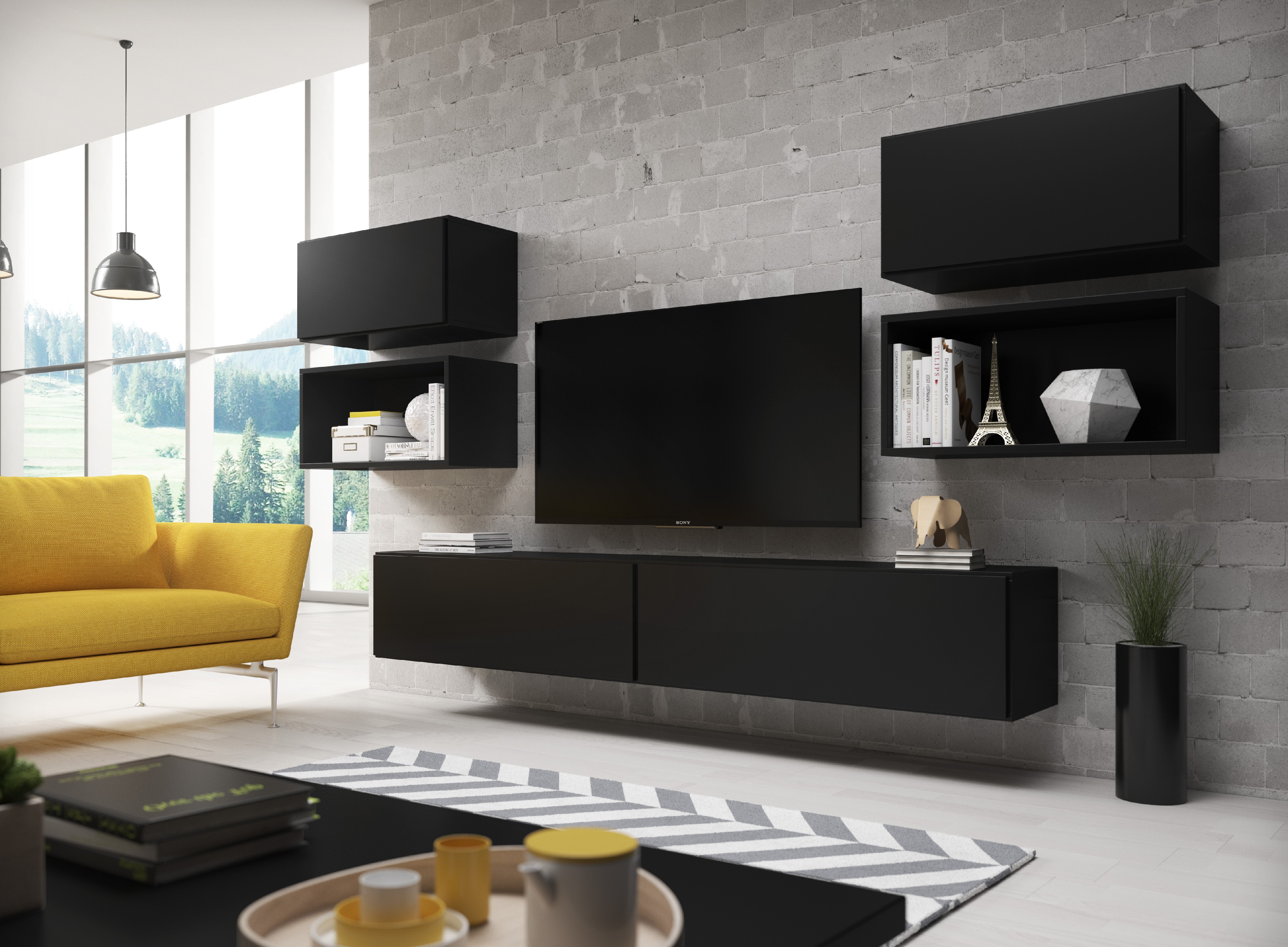 E-shop ArtCam Obývacia stena ROCO 3 roco: korpus čierny mat / okraj čierny mat / dvierka čierny mat