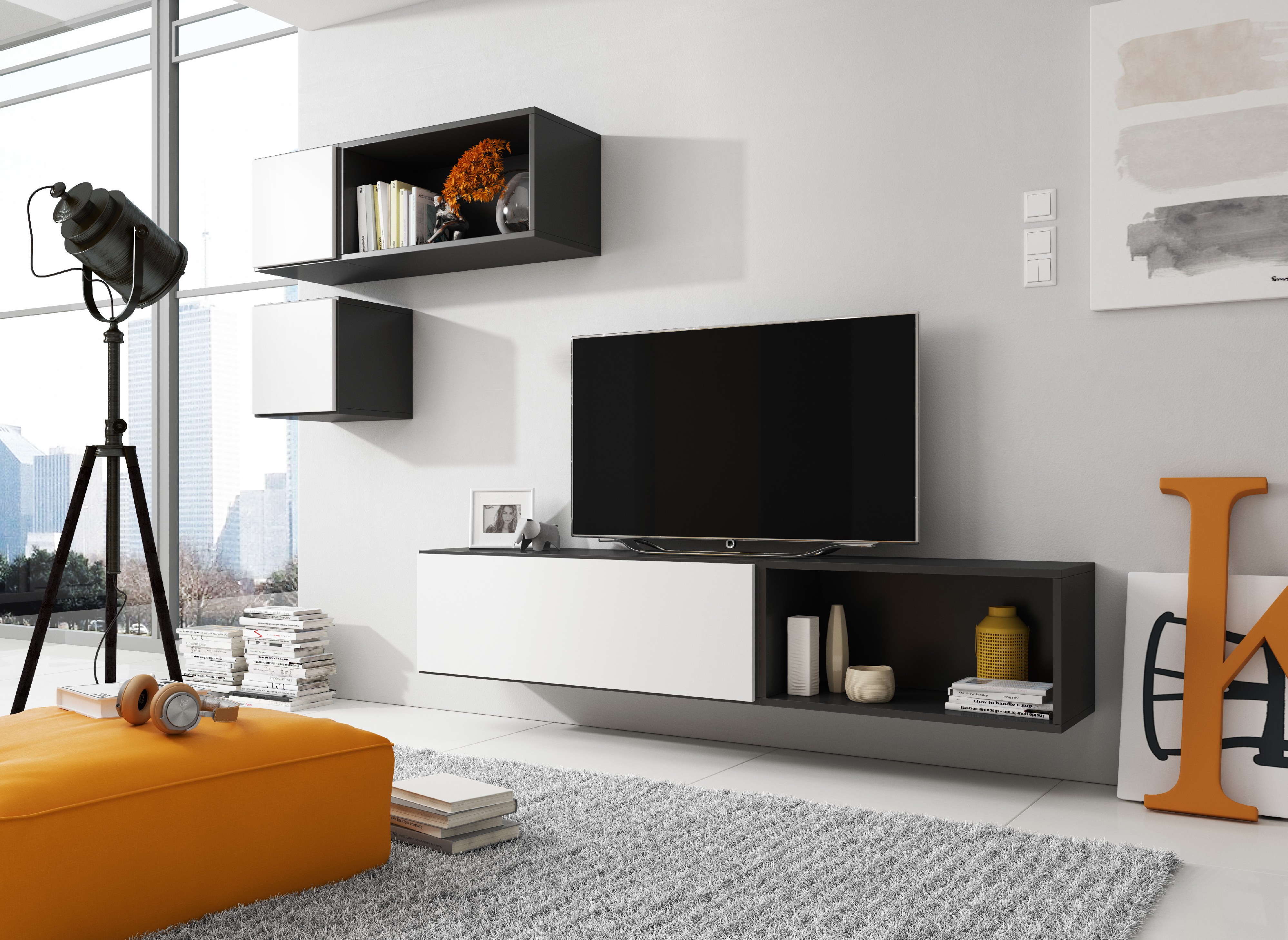 E-shop ArtCam Obývacia stena ROCO 5 roco: korpus čierny mat / okraj čierny mat / dvierka biely mat