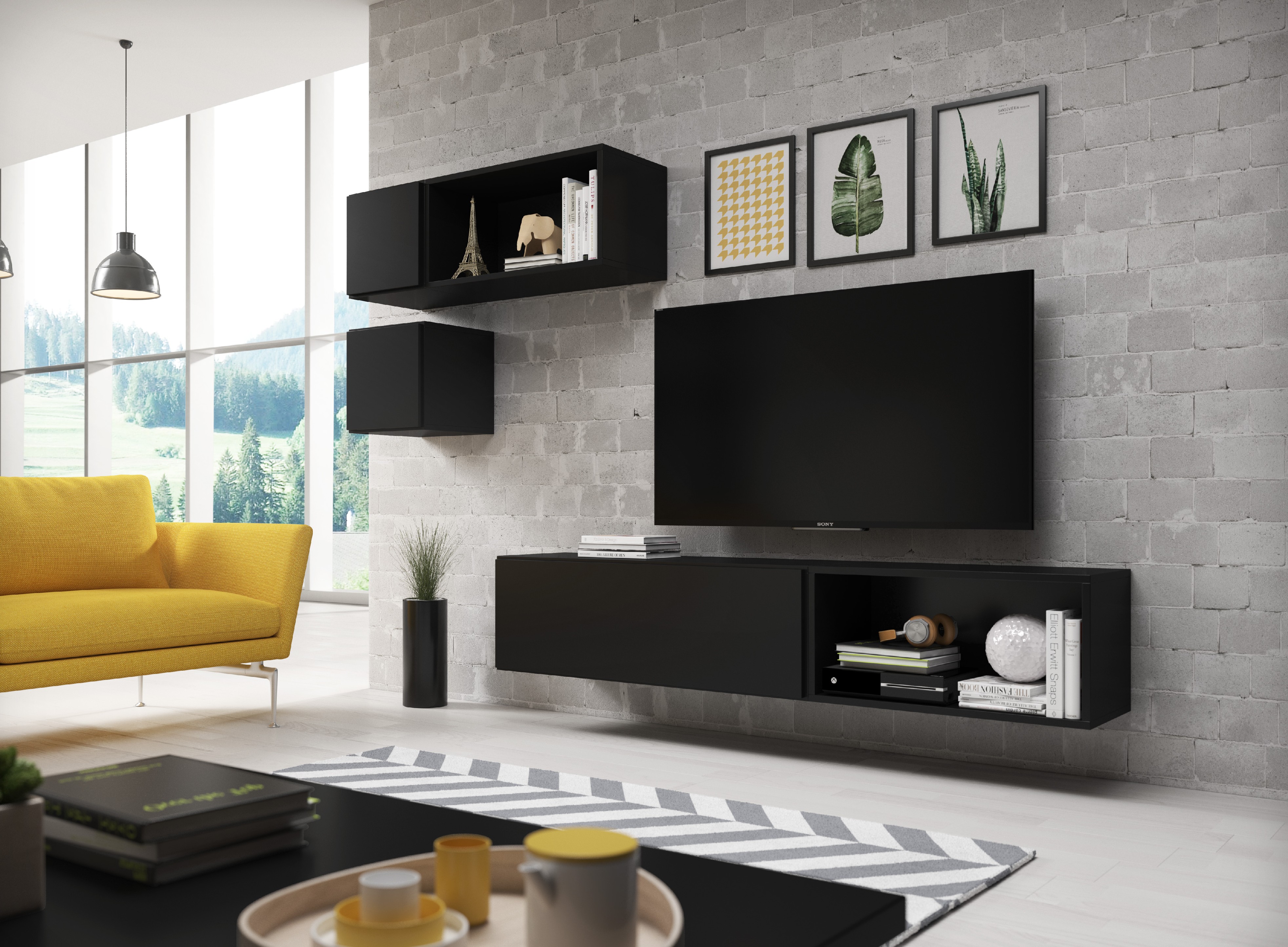 E-shop ArtCam Obývacia stena ROCO 5 roco: korpus čierny mat / okraj čierny mat / dvierka čierny mat