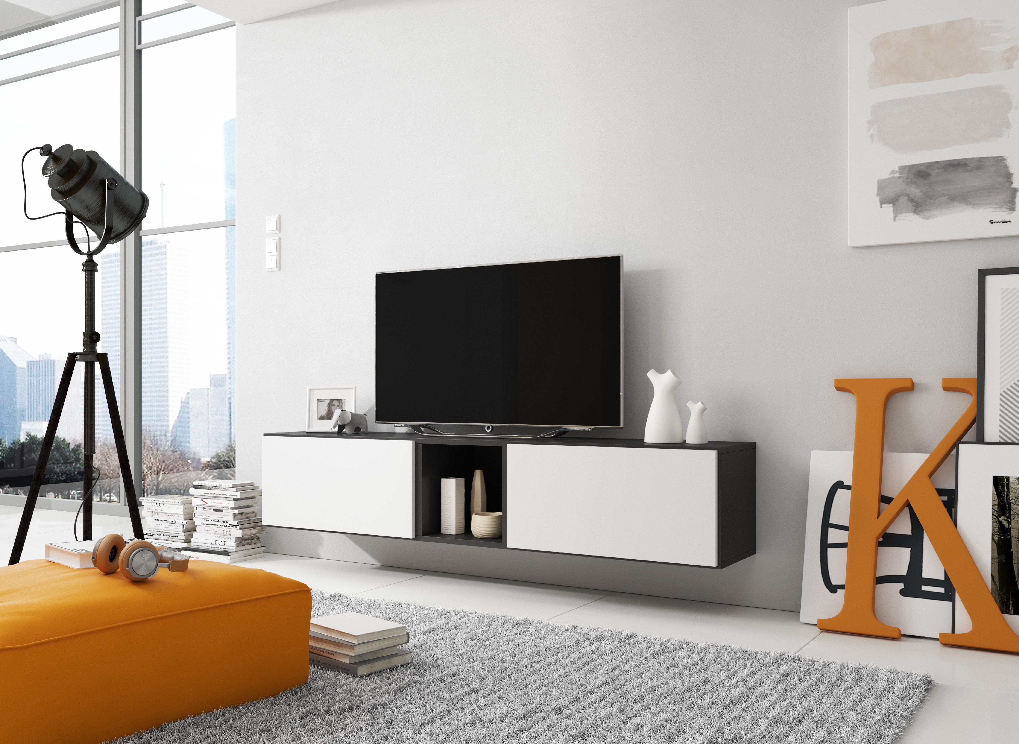 E-shop ArtCam Zostava do obývačky ROCO 10 roco: korpus čierny mat / okraj čierny mat / dvierka biely mat
