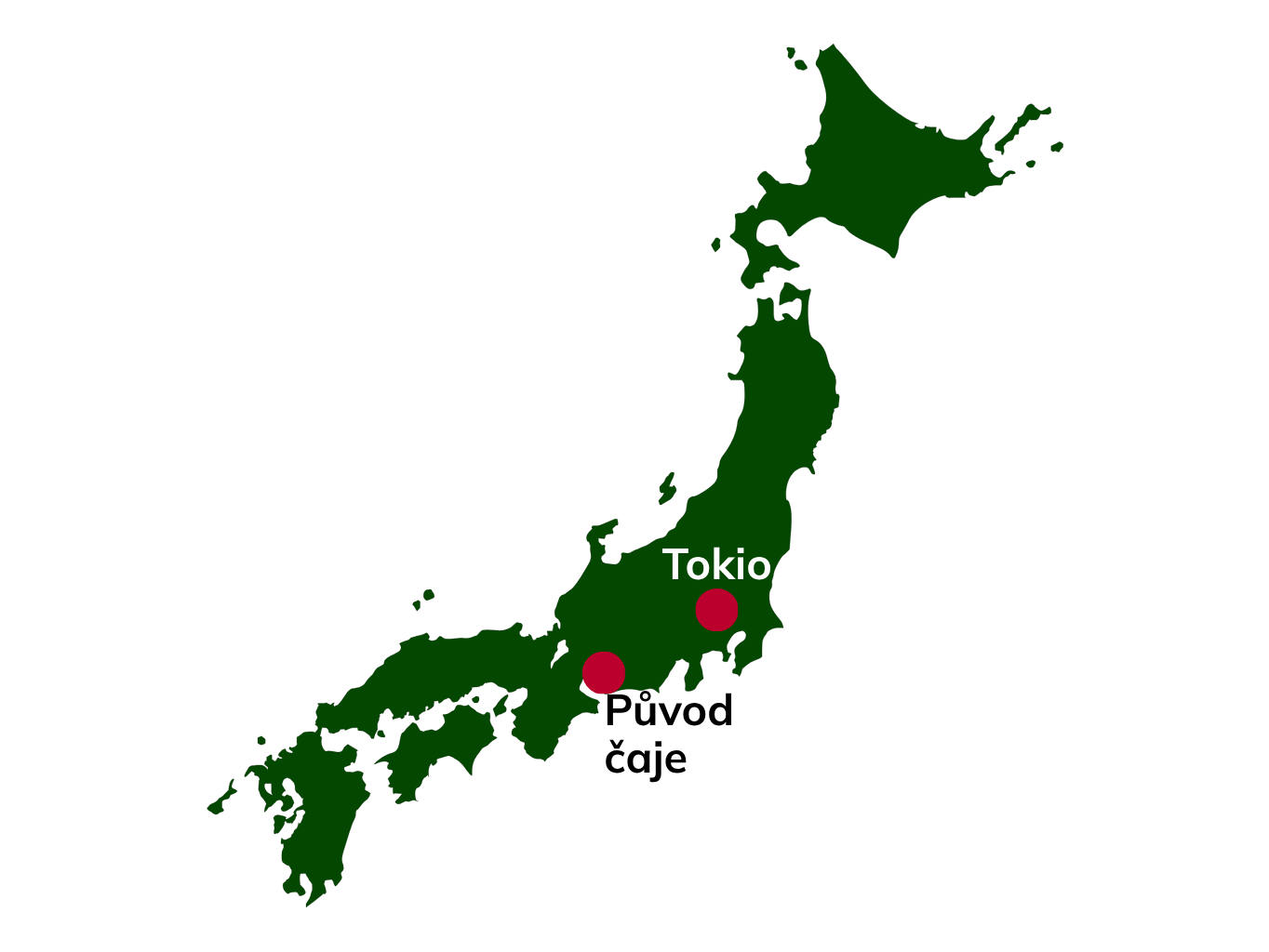 Mapa Japonska s vyznačeným původem čaje