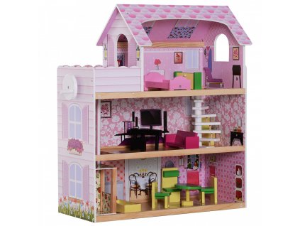 Dřevěný 3 patrový domeček pro panenky s nábytkem