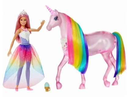 Mattel Barbie Dreamtopia Magický kouzelný lehký jednorožec s panenkou FXT26