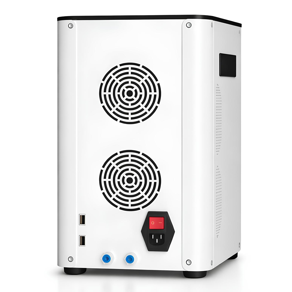 LAZENA H2-600M – rear view with cooling fans and power input LAZENA H2-600M high-output hydrogen and oxygen inhaler, angled lifestyle view