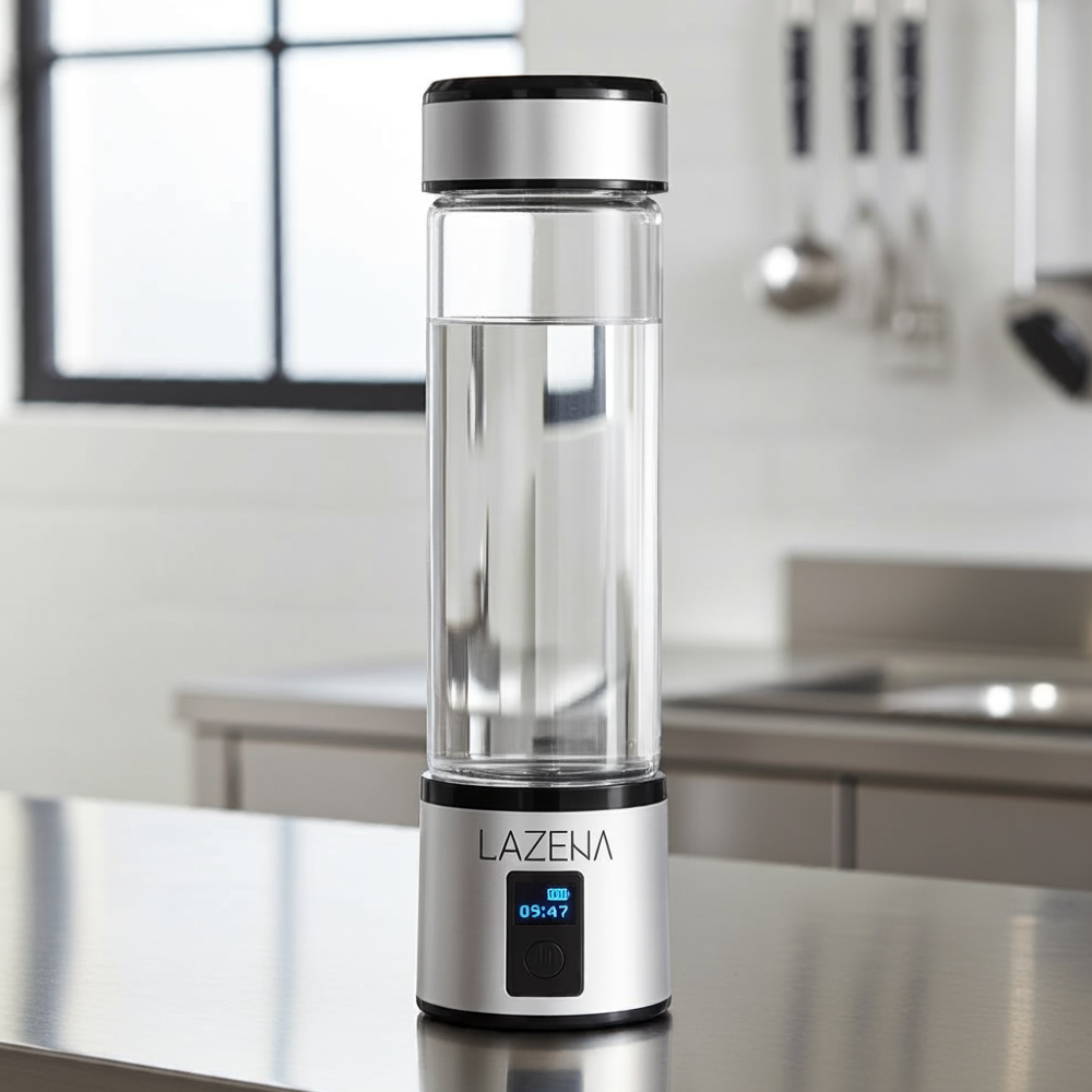 LAZENA molecular hydrogen water bottle in a modern kitchen, hydrogen water bottle for home use