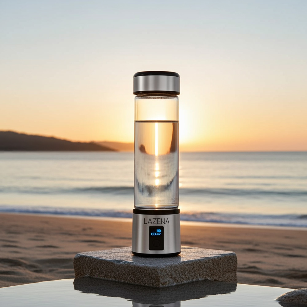 LAZENA molecular hydrogen water bottle by the sea at sunset, hydrogen water bottle for an active lifestyle