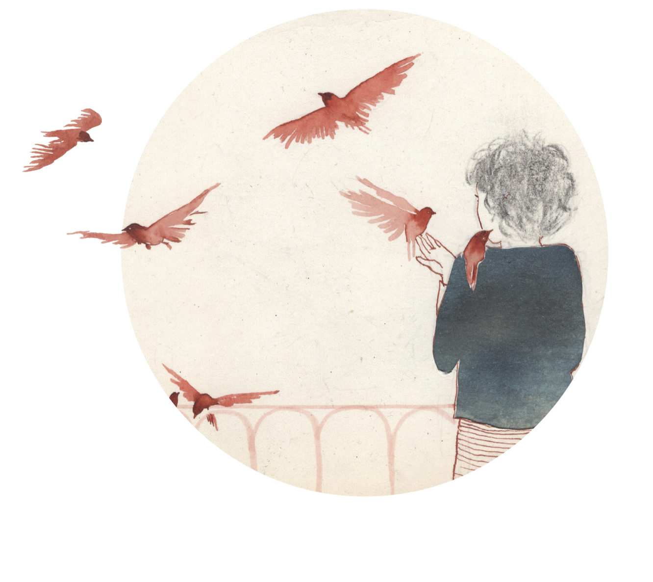 Ilustrace: dívka na balkoně s ptáky
