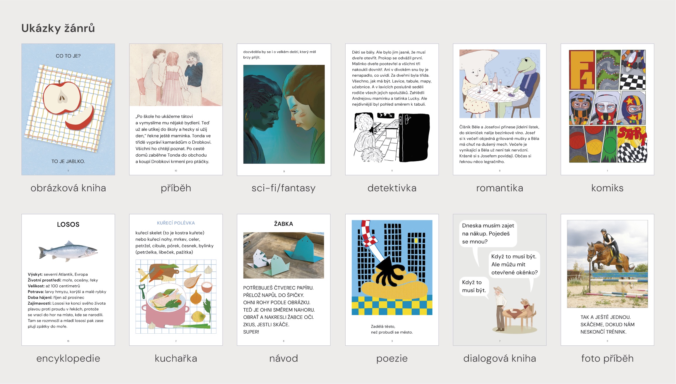 Ukázky žánrů: obrázková kniha, příběh, sci-fi/fantasy, detektivka, romantika, komiks, encyklopedie, kuchařka, návod, poezie, dialogová kniha, foto příběh