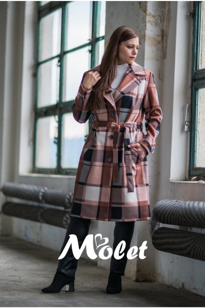 Flaušový podšitý kabát  béžový káro