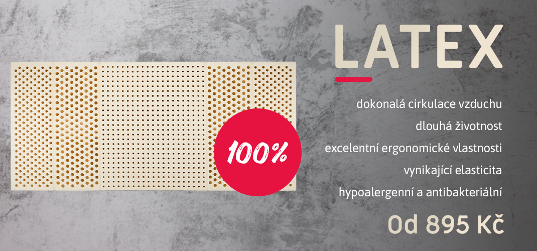 100% LATEX; dokonalá cirkulace vzduchu, dlouhá životnost, excelentní ergonomické vlastnosti, vynikající elasticita, hypoalergenní a antibakteriální