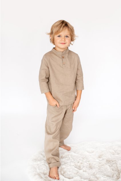 Chlapecký lněný set – hnědý