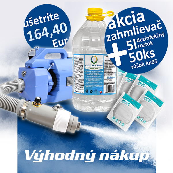Elektrický zahmlievač dezinfekčným prostriedkom 230V 1000W; 5l dezinfekčného roztoku a 50 kusov rúšok KN95 zdarma
