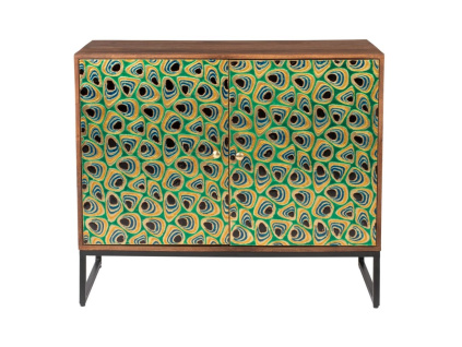 Zelená mangová komoda DUTCHBONE Meena s pavím vzorem 95 x 40 cm