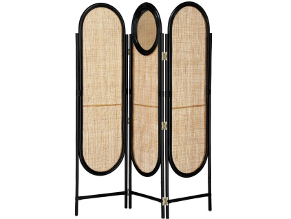 Černý ratanový paraván Kave Home Lalita 150 x 180 cm se zrcadlem