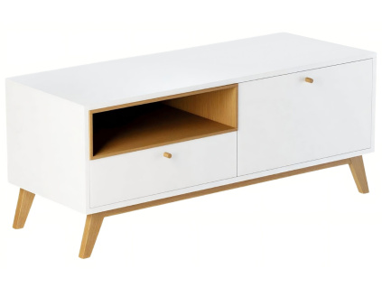 Bílý TV stolek Thia s dubovou podnoží  120 x 45 cm