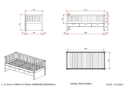 Borovicová postel Vipack Fritz 90 x 200 cm se zásuvkami