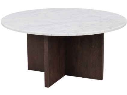 Bílý mramorový konferenční stolek ROWICO BROOKSVILLE 90 cm s hnědou podnoží