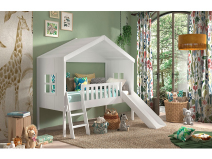 Bílá borovicová dětská postel Vipack Housebed se skluzavkou 90 x 200 cm
