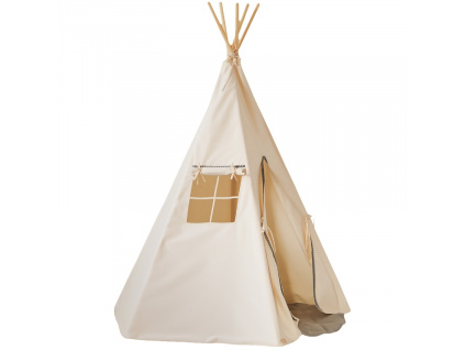 Béžový bavlněný teepee stan Grey Pompoms 170 x 130 cm