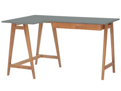 Šedý lakovaný rohový pracovní stůl RAGABA LUKA 135 x 85 cm s dubovou podnoží, levý