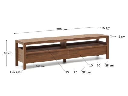 Hnědý teakový TV stolek Kave Home Sashi 200 x 40 cm