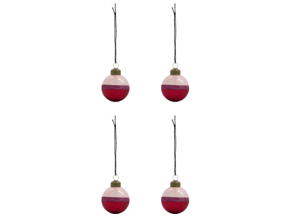 Set čtyř růžovo-červených skleněných vánočních ozdob Stripe 5 cm