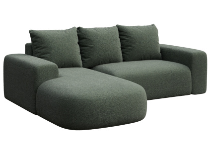 Lahvově zelená bouclé rohová pohovka Monce 255 cm, levá