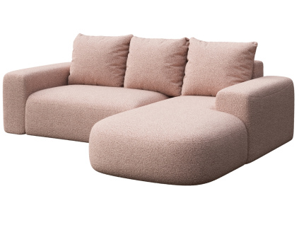Růžová bouclé rohová pohovka Monce 255 cm, pravá