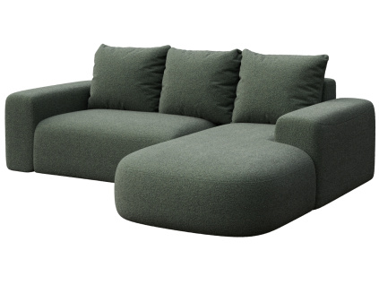 Lahvově zelená bouclé rohová pohovka Monce 255 cm, pravá