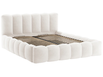 Bílá bouclé dvoulůžková postel Micadoni Lupine 180 x 200 cm s úložným prostorem