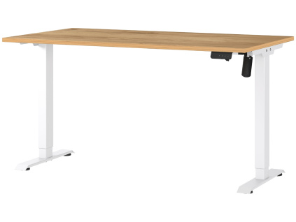 Bílý výškově nastavitelný pracovní stůl Germania Profi 2.0 140 x 80 cm s dubovým dekorem