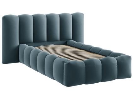 Modrá sametová jednolůžková postel Micadoni Lupine 90 x 200 cm s úložným prostorem