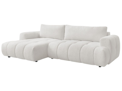 Bílá bouclé rohová rozkládací pohovka Fuji 292 cm, levá