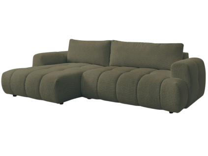 Zelená bouclé rohová rozkládací pohovka Fuji 292 cm, levá