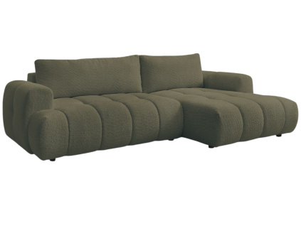 Zelená bouclé rohová rozkládací pohovka Fuji 292 cm, pravá