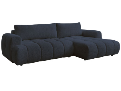 Tmavě modrá bouclé rohová rozkládací pohovka Fuji 292 cm, pravá