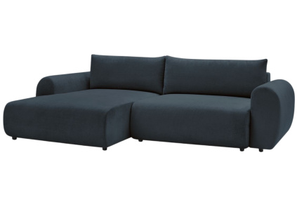 Tmavě modrá čalouněná rohová rozkládací pohovka Lucien 314 cm, levá