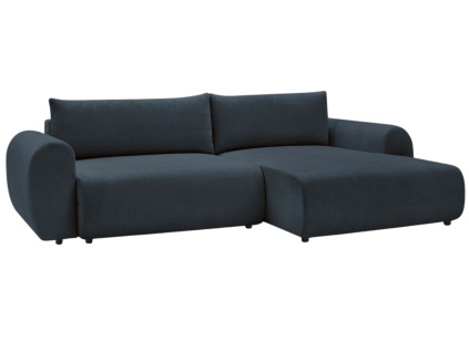 Tmavě modrá čalouněná rohová rozkládací pohovka Lucien 314 cm, pravá