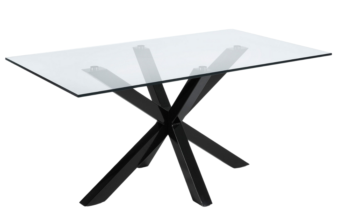 Skleněn&yacute; j&iacute;deln&iacute; stůl Kave Home Argo 160 x 90 cm s černou kovovou podnož&iacute;