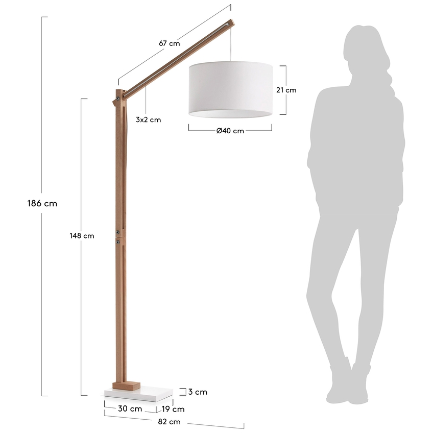 Bílá bavlněná stojací lampa Kave Home Riaz 186 cm s dřevěnou podstavou