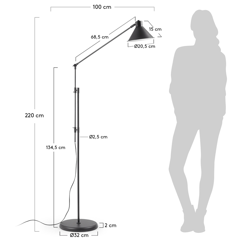 Černá kovová stojací lampa Kave Home Dione 220 cm
