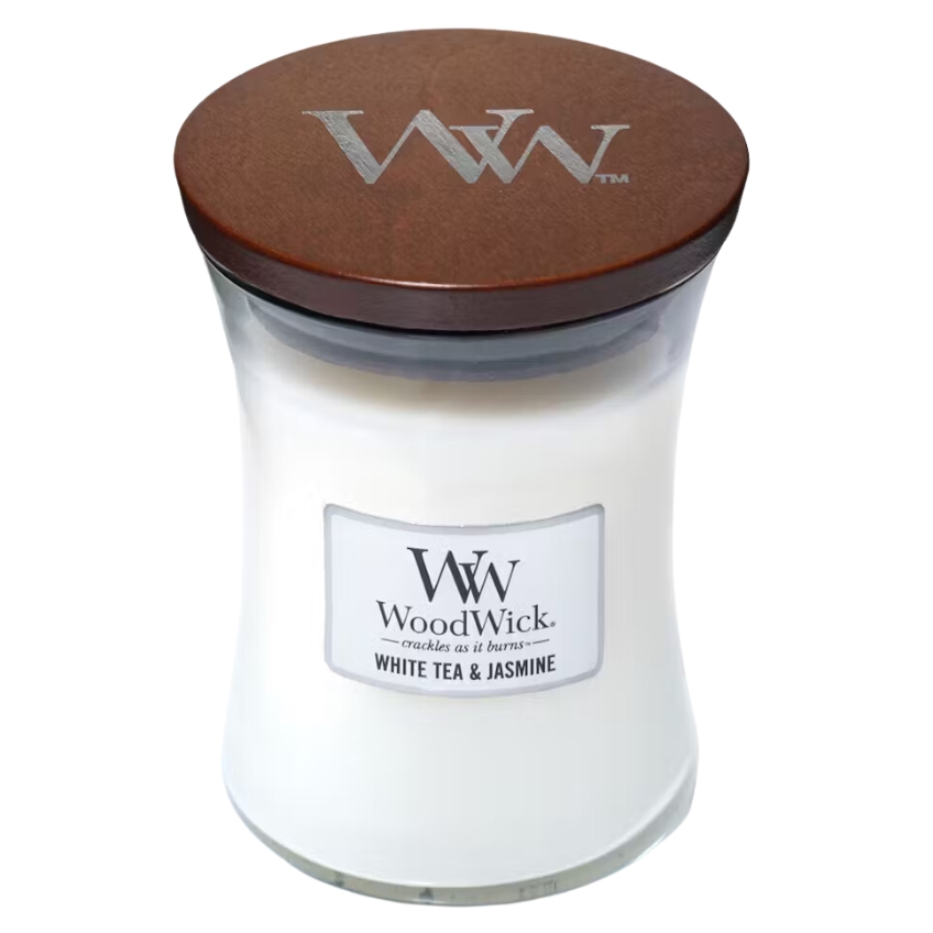 WoodWick Střední vonná svíčka WoodWick, White Tea & Jasmine
